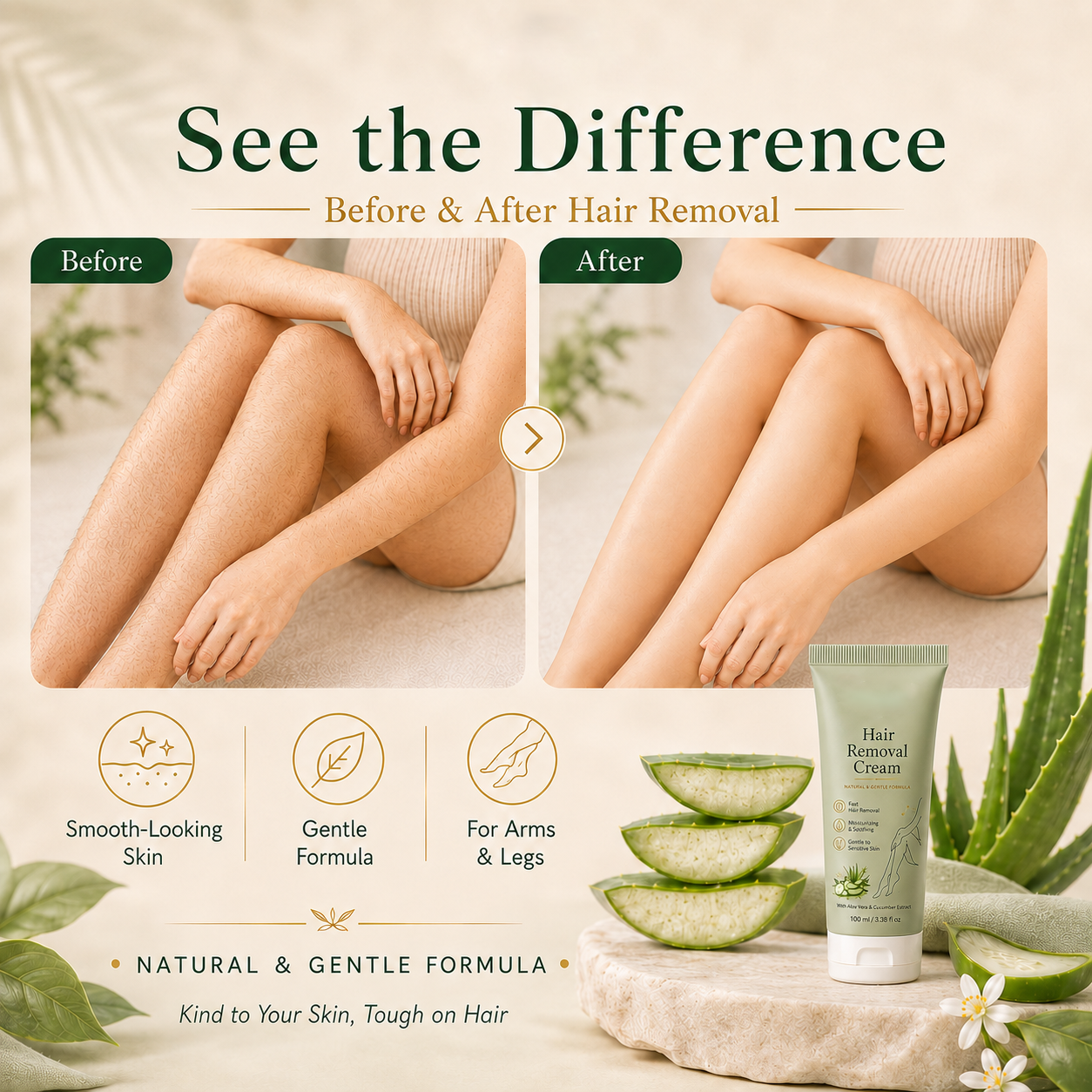 Natural Gentle Hair Removal Cream | For Women & Men, Sensitive Skin( New and old packaging shipped at random.)