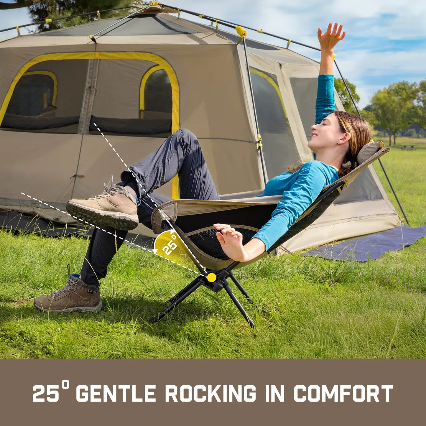 Portable, foldable camping chair, ideal for camping, hiking, backyard relaxation, fishing, and more. Supports up to 250 pounds and comes with a storage bag.