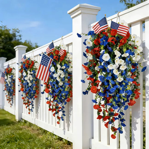 4th of July Decoration Tricolor Patriotic Artificial Flower with 3M LED light string,warm light Color,Button Remote Control