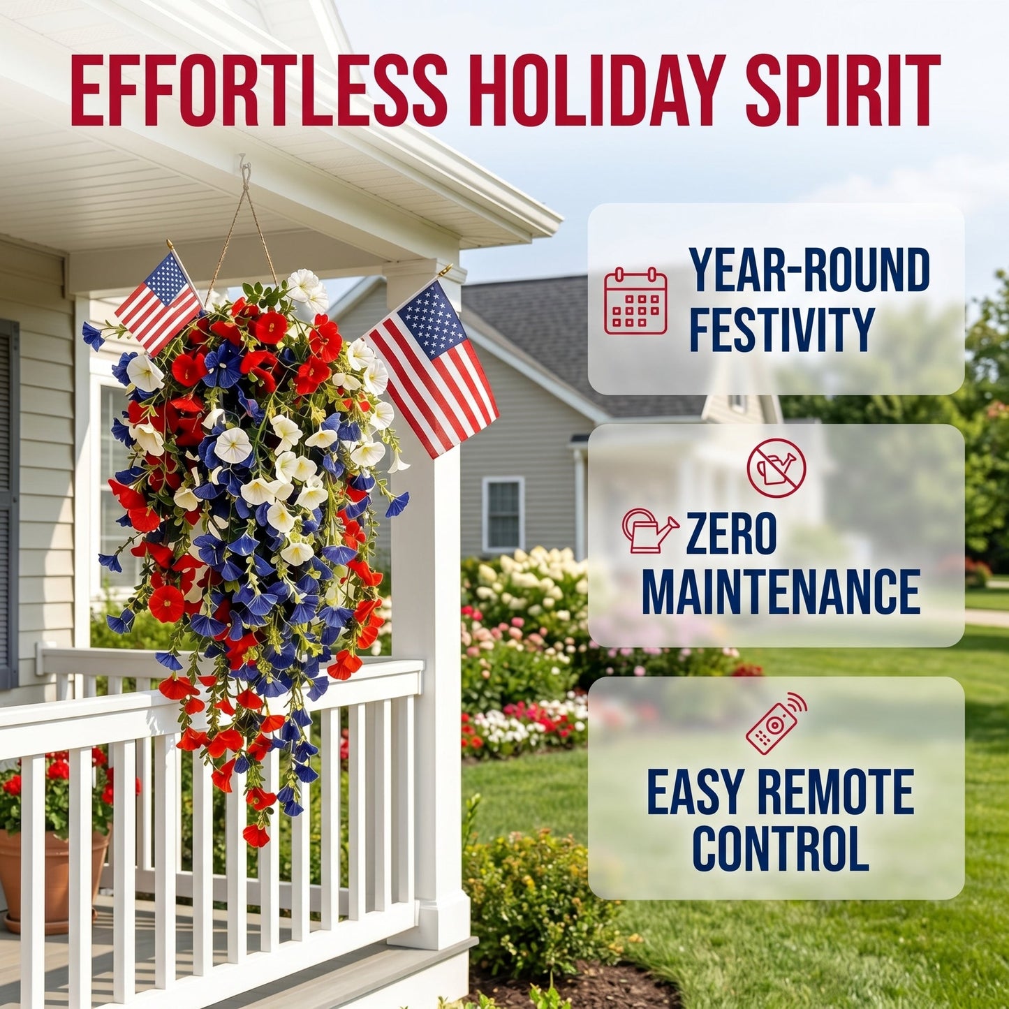 4th of July Decoration Tricolor Patriotic Artificial Flower with 3M LED light string,warm light Color,Button Remote Control