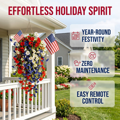 4th of July Decoration Tricolor Patriotic Artificial Flower with 3M LED light string,warm light Color,Button Remote Control