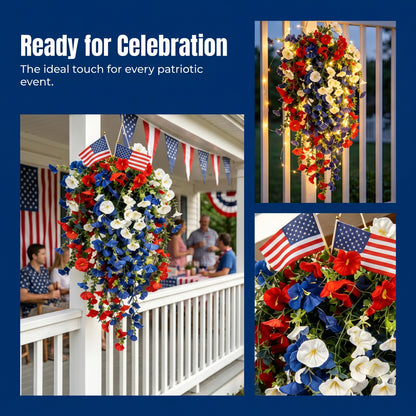 4th of July Decoration Tricolor Patriotic Artificial Flower with 3M LED light string,warm light Color,Button Remote Control