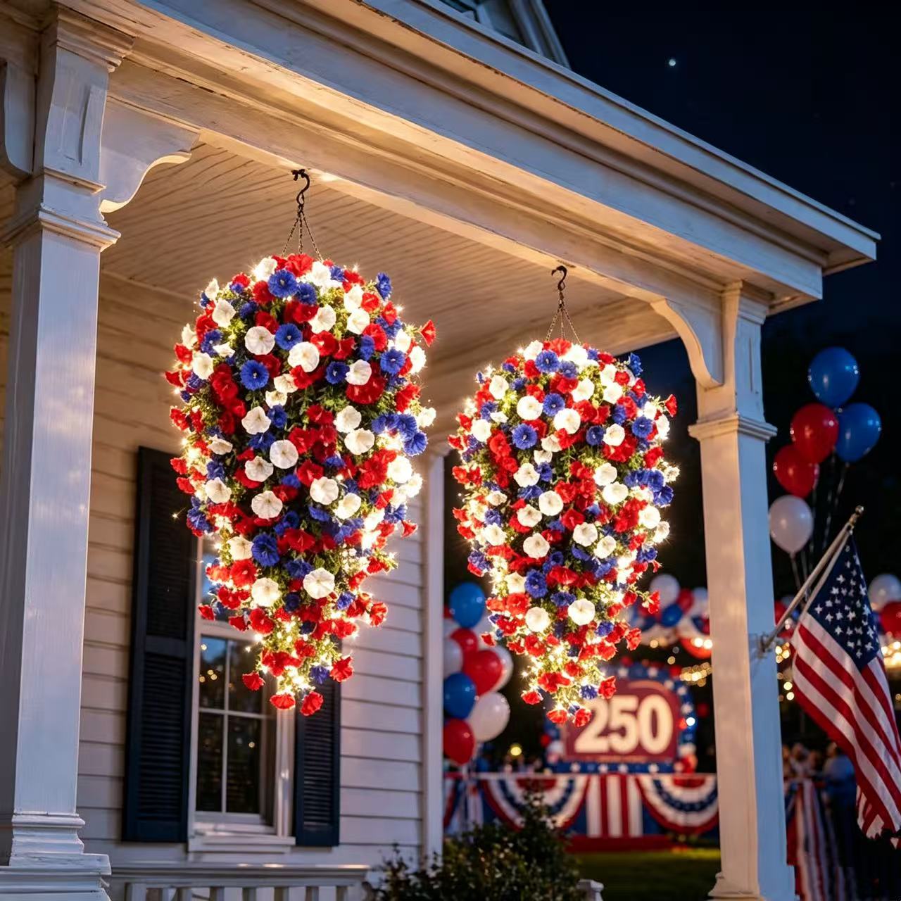 4th of July Decoration Tricolor Patriotic Artificial Flower with 3M LED light string,warm light Color,Button Remote Control