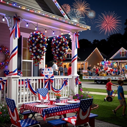 4th of July Decoration Tricolor Patriotic Artificial Flower with 3M LED light string,warm light Color,Button Remote Control
