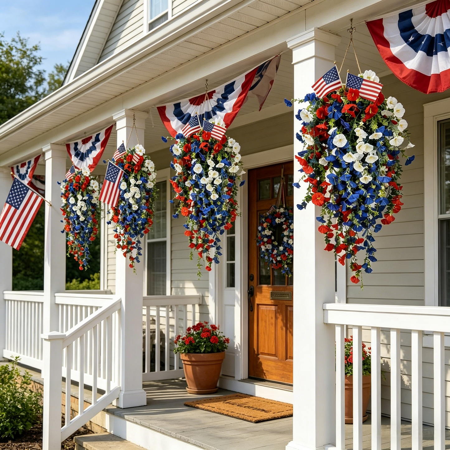 4th of July Decoration Tricolor Patriotic Artificial Flower with 3M LED light string,warm light Color,Button Remote Control