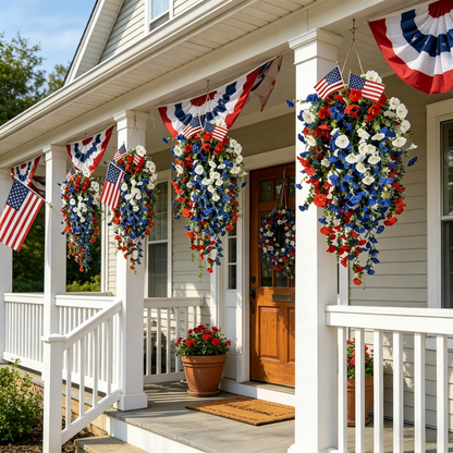 4th of July Decoration Tricolor Patriotic Artificial Flower with 3M LED light string,warm light Color,Button Remote Control