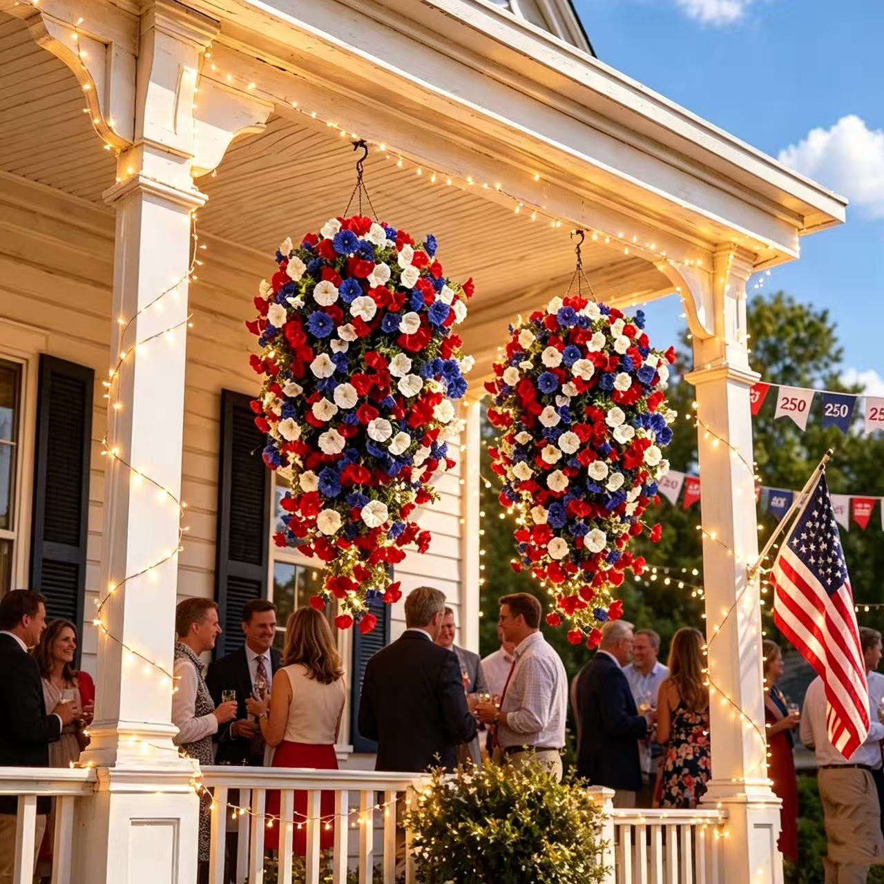 4th of July Decoration Tricolor Patriotic Artificial Flower with 3M LED light string,warm light Color,Button Remote Control