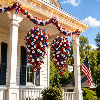4th of July Decoration Tricolor Patriotic Artificial Flower with 3M LED light string,warm light Color,Button Remote Control