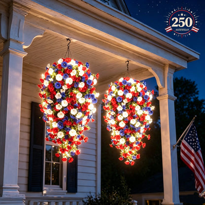 4th of July Decoration Tricolor Patriotic Artificial Flower with 3M LED light string,warm light Color,Button Remote Control
