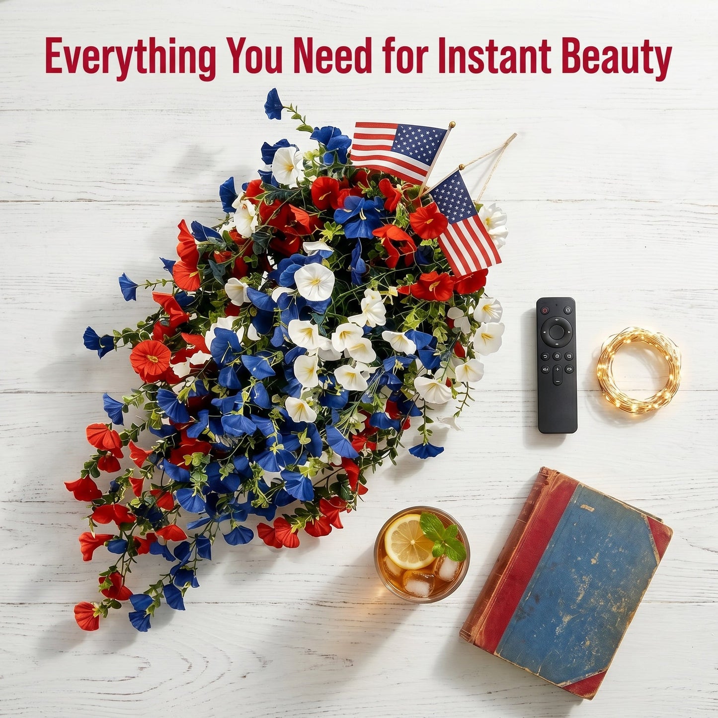 4th of July Decoration Tricolor Patriotic Artificial Flower with 3M LED light string,warm light Color,Button Remote Control