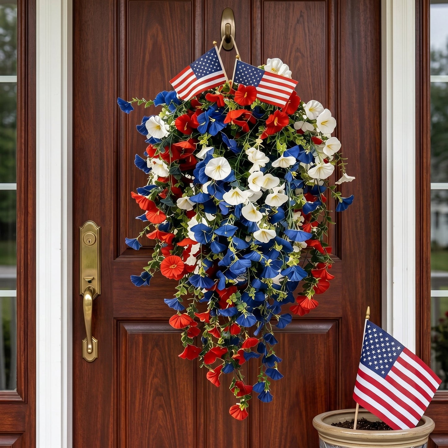 4th of July Decoration Tricolor Patriotic Artificial Flower with 3M LED light string,warm light Color,Button Remote Control