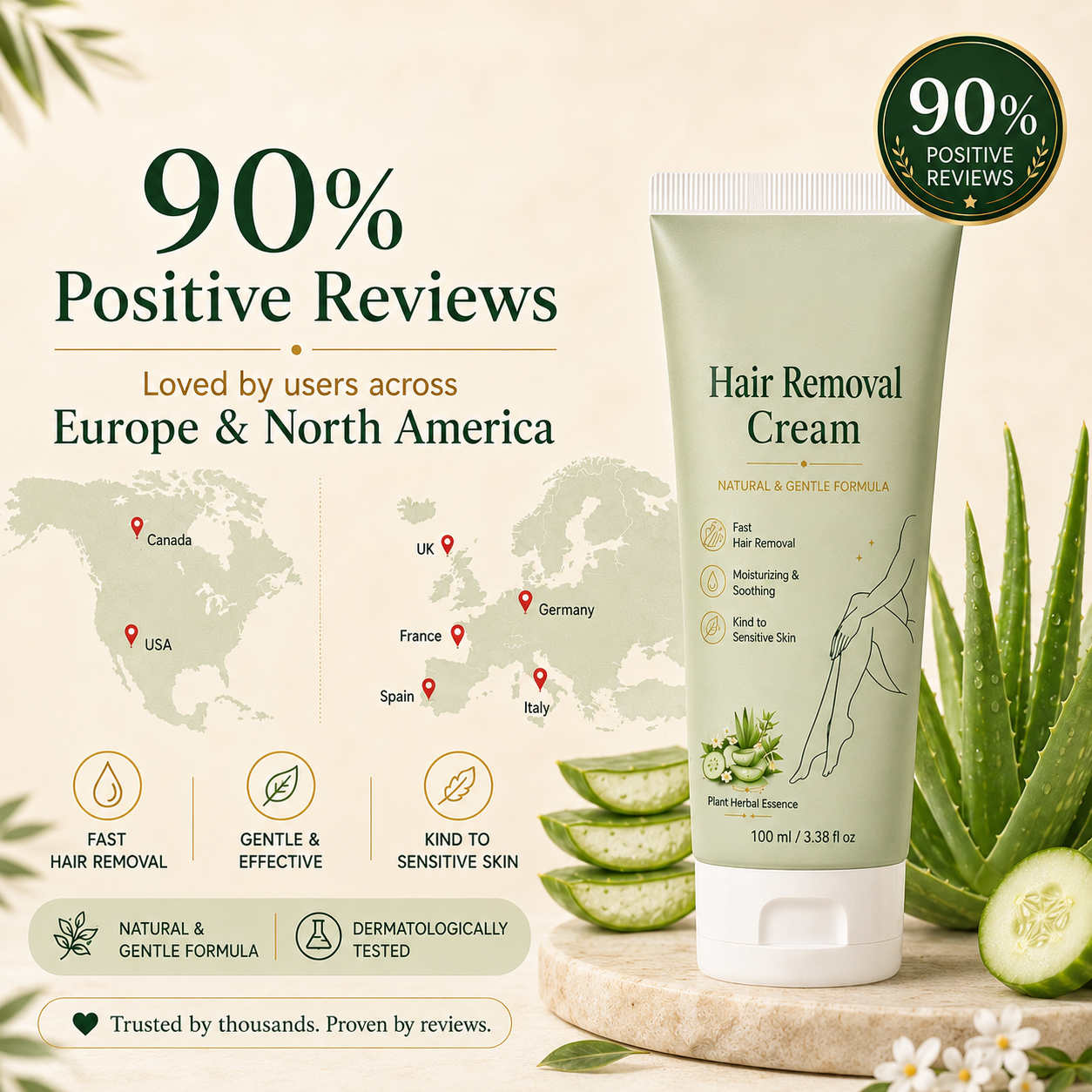 Natural Gentle Hair Removal Cream | For Women & Men, Sensitive Skin（ New and old packaging shipped at random.）