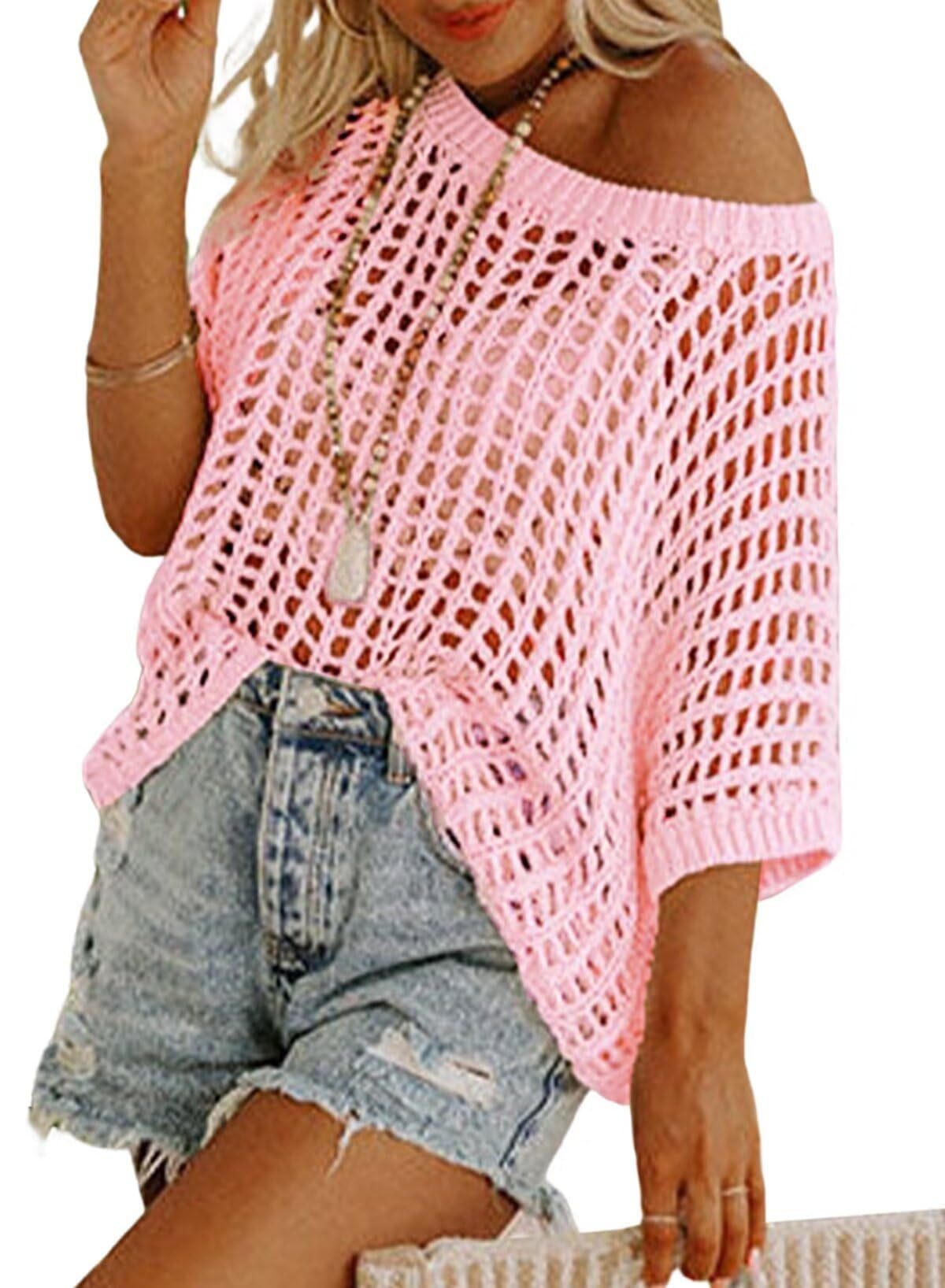 🎁2026 New Hot Sale- Womens Summer Scoop Neck Short Sleeve Sweater Casual Crochet Hollow Out Knit Tops Pullover Shirts Beach Coverup