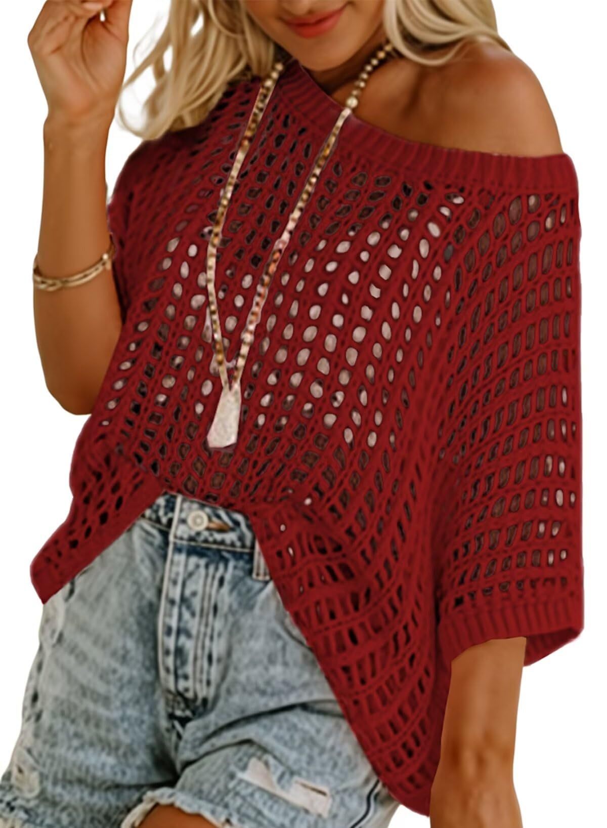 🎁2026 New Hot Sale- Womens Summer Scoop Neck Short Sleeve Sweater Casual Crochet Hollow Out Knit Tops Pullover Shirts Beach Coverup