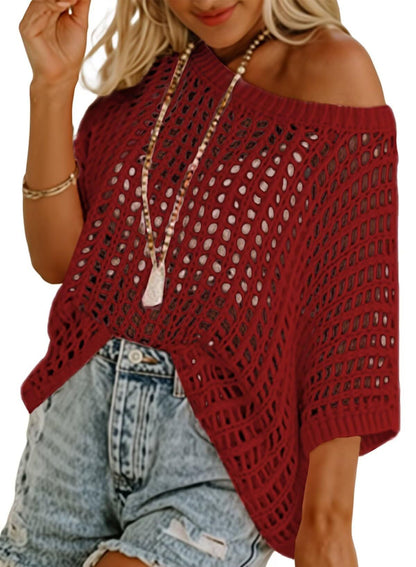 🎁2026 New Hot Sale- Womens Summer Scoop Neck Short Sleeve Sweater Casual Crochet Hollow Out Knit Tops Pullover Shirts Beach Coverup