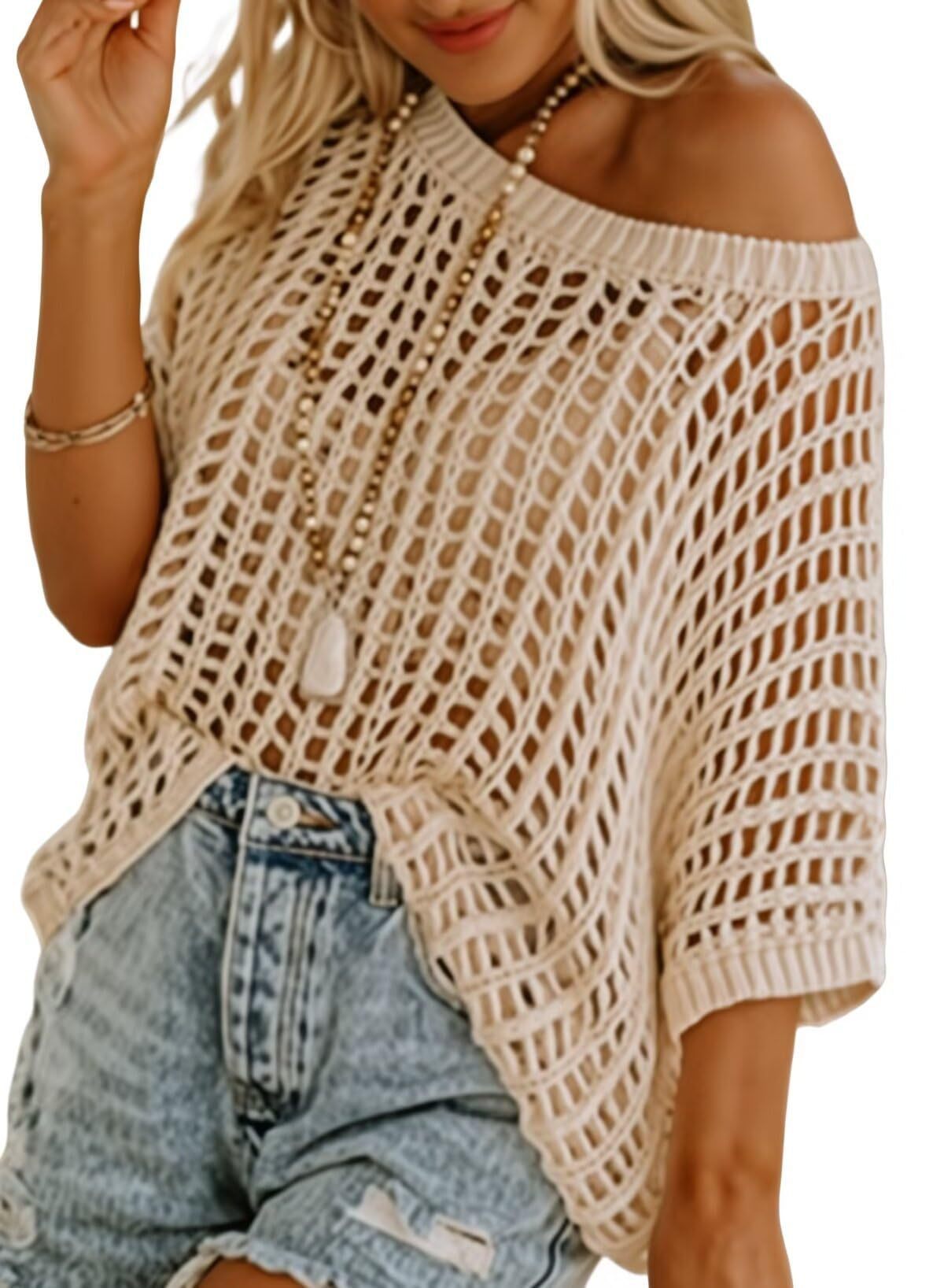 🎁2026 New Hot Sale- Womens Summer Scoop Neck Short Sleeve Sweater Casual Crochet Hollow Out Knit Tops Pullover Shirts Beach Coverup