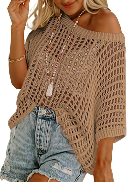 🎁2026 New Hot Sale- Womens Summer Scoop Neck Short Sleeve Sweater Casual Crochet Hollow Out Knit Tops Pullover Shirts Beach Coverup