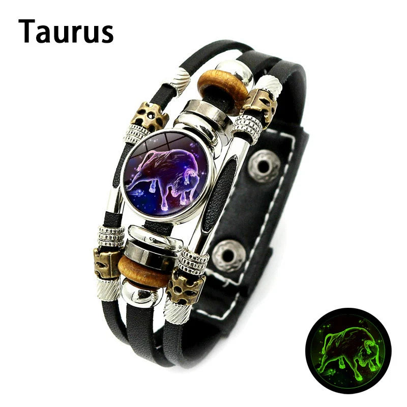 🌌 Wear Your Destiny: The 12 Zodiac Leather Bracelet 🌌