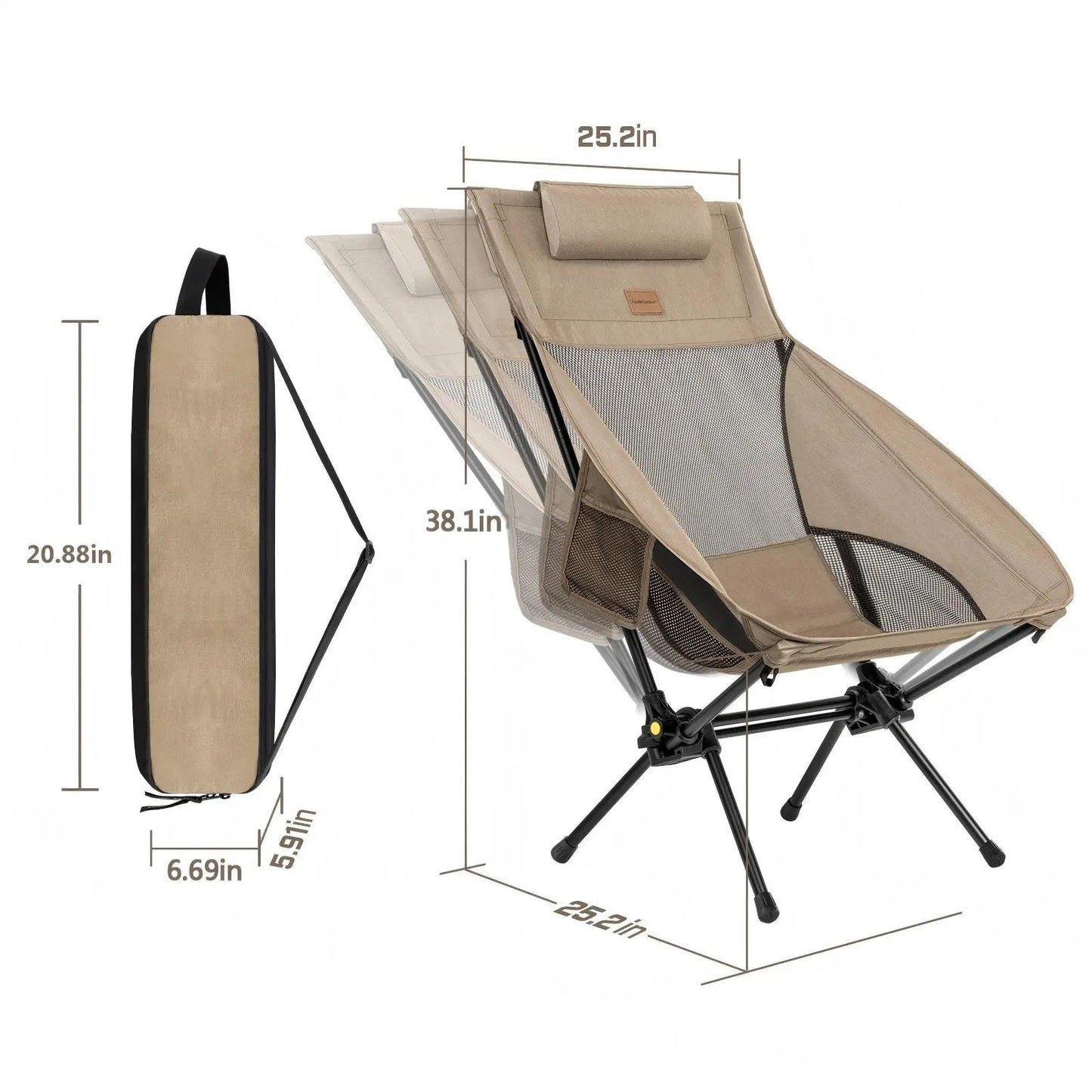 Portable, foldable camping chair, ideal for camping, hiking, backyard relaxation, fishing, and more. Supports up to 250 pounds and comes with a storage bag.
