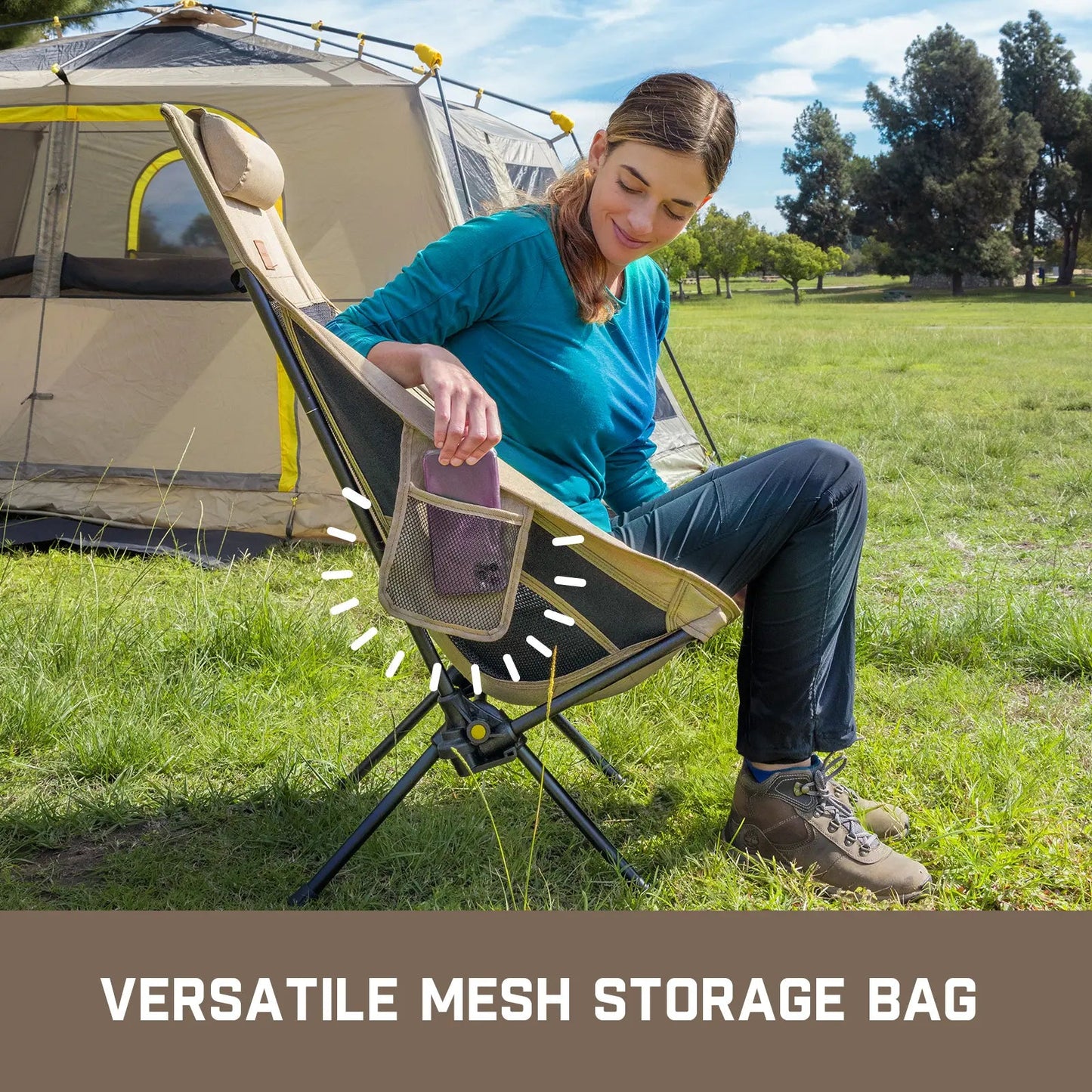 Portable, foldable camping chair, ideal for camping, hiking, backyard relaxation, fishing, and more. Supports up to 250 pounds and comes with a storage bag.