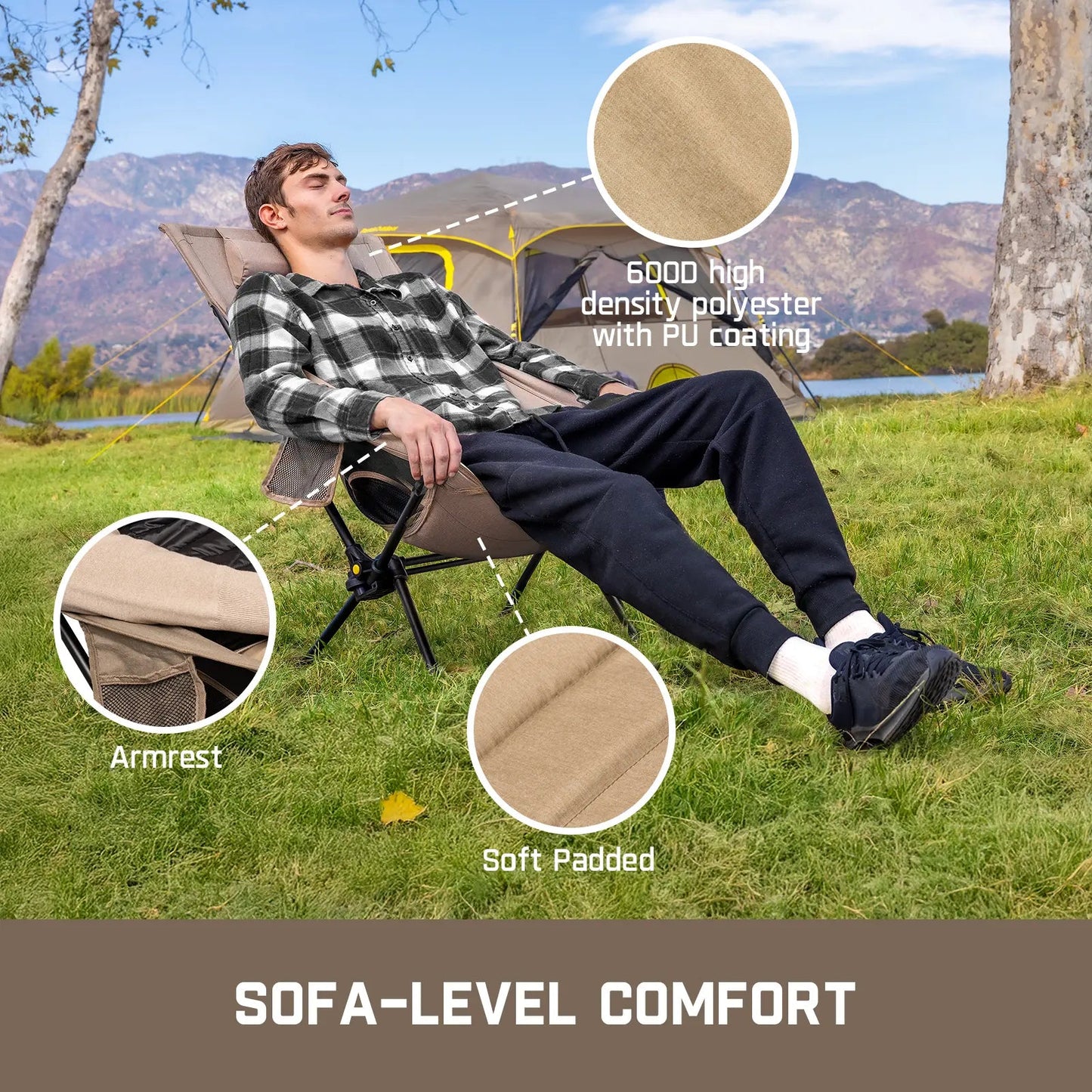 Portable, foldable camping chair, ideal for camping, hiking, backyard relaxation, fishing, and more. Supports up to 250 pounds and comes with a storage bag.