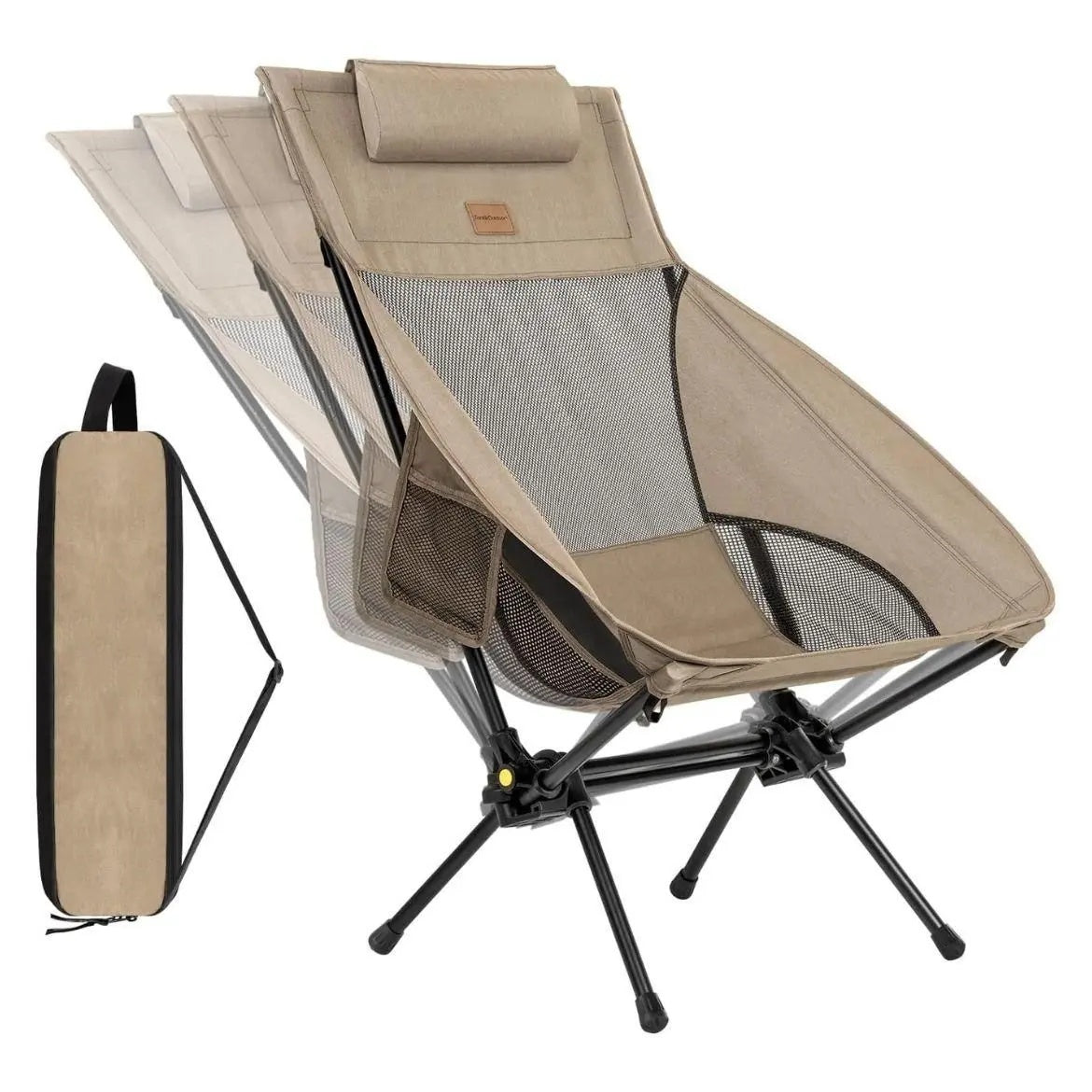 Portable, foldable camping chair, ideal for camping, hiking, backyard relaxation, fishing, and more. Supports up to 250 pounds and comes with a storage bag.