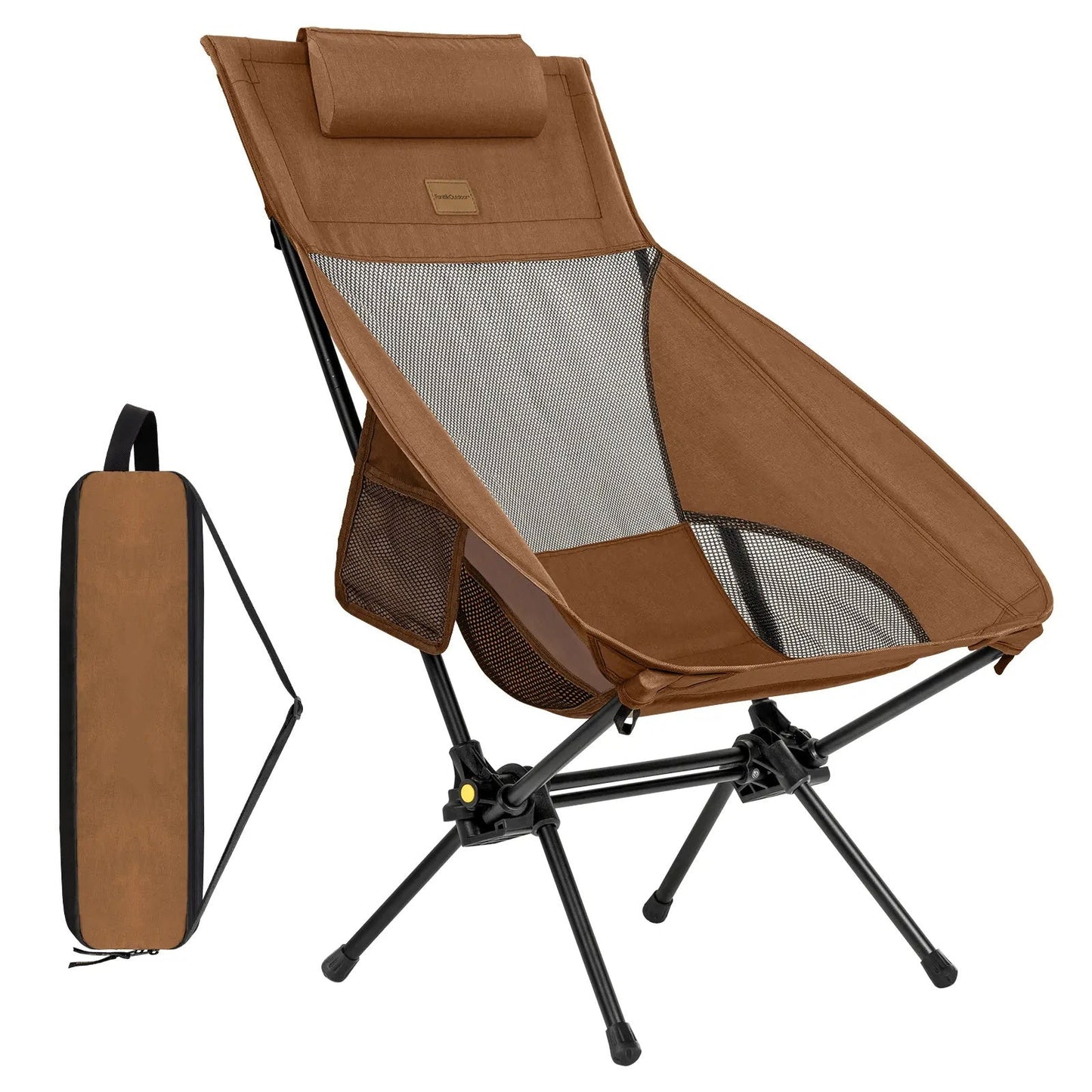 Portable, foldable camping chair, ideal for camping, hiking, backyard relaxation, fishing, and more. Supports up to 250 pounds and comes with a storage bag.