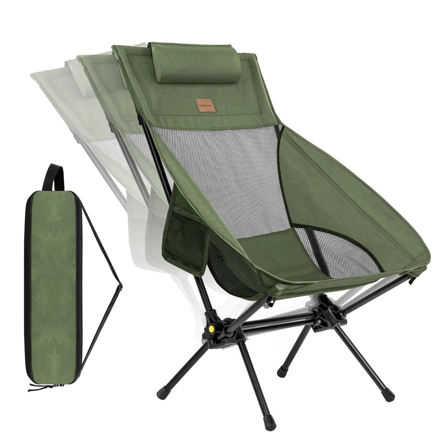 Portable, foldable camping chair, ideal for camping, hiking, backyard relaxation, fishing, and more. Supports up to 250 pounds and comes with a storage bag.